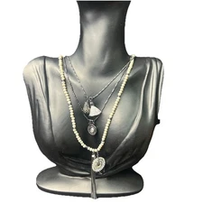 Multi-Layer Statement Necklace Gunmetal Tone Grey White Beaded Tassel Charm "M"
