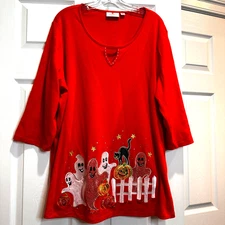 Quacker Factory Womens Halloween Orange Tunic Holiday Bling Embroidered Size 2X