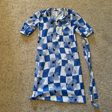 Vintage Blue Geometric Checks Flowers House Dress Knee Length W/ Sash Tie Sm/Md