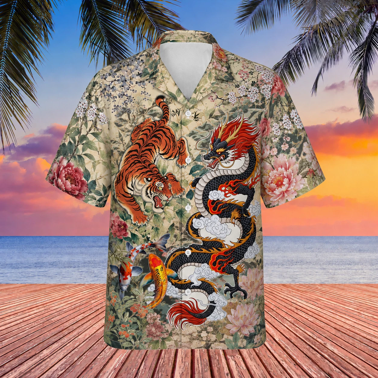 Japanese Dragon Tiger Koi Hawaiian Shirt Men Casual Short Sleeve Button Up Peony