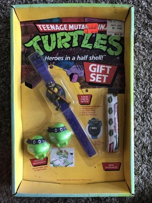 Vtg Teenage Mutant Ninja Turtles 1990 Gift Set Watch, Shoelaces & 2 Sneaker Snap