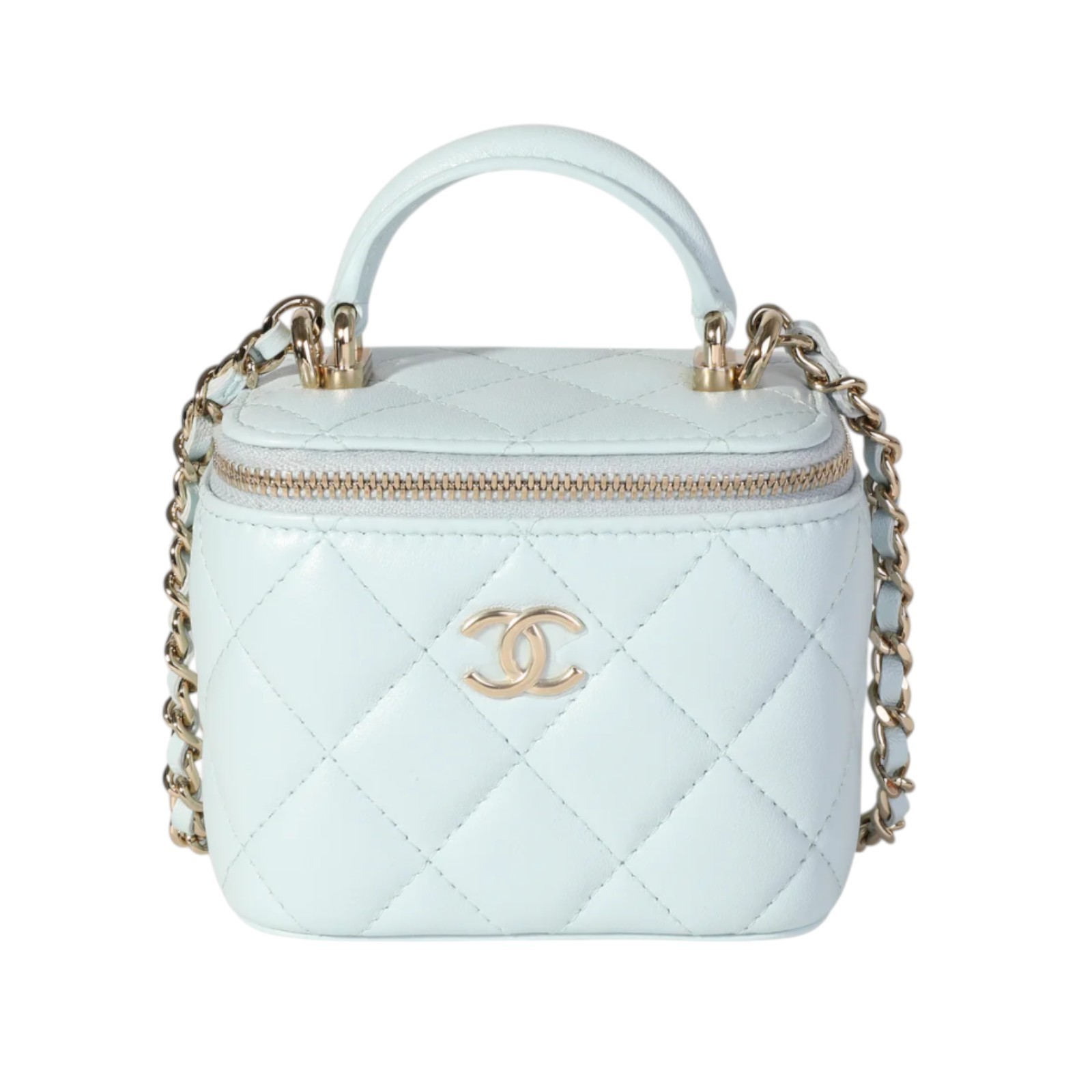 Chanel 2021 Classic Top Handle Mini Vanity Case with Chain – Light Blue Quilted