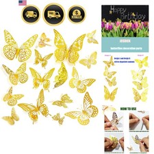 3D Butterfly Wall Decor Sticker -48 Pcs, 4 Styles, 3 Sizes Gold Butterflies D...
