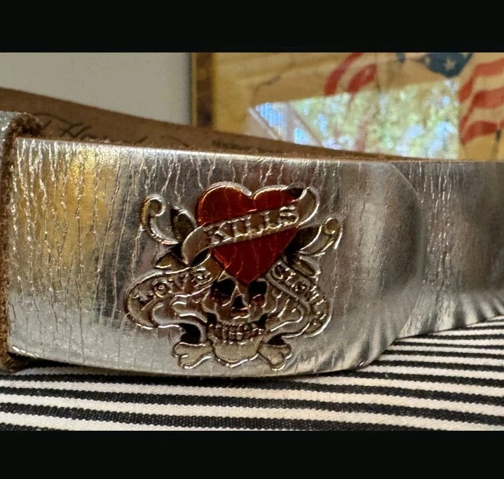 Ed Hardy Y2K Sparkle Silver Belt w/ Rhinestone Buckle, LOVE SLOWLY KILLS, Size L - Image 3 of 4