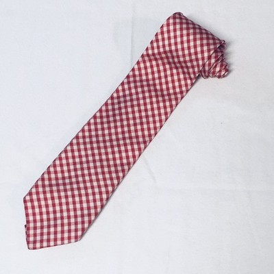 Tom James Mens 100% Silk Necktie Red White Gingham Summer Wedding Party Work Tie