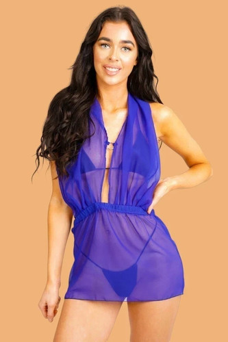 Sexy Blue Sheer Halter Micro Mini Dress See Through Mesh Lingerie Clubwear - Bild 6 von 6