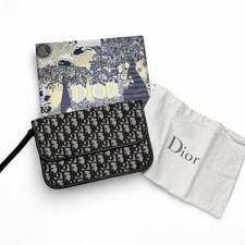 Christian Dior Oblique Flap Pouch Clutch Navy Blue Canvas Authentic Dustbag Box