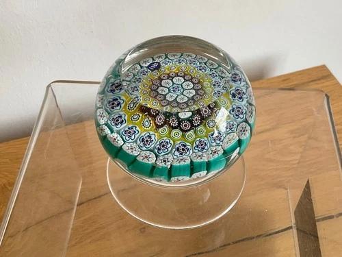 Vintage Italian Murano Millefiori & Latticino Piedouche Large Glass Paperweight