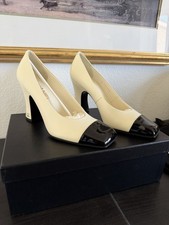 New CHANEL G47180 Ivory Black Cap Toe Pumps EU 38 Box Dust Bags