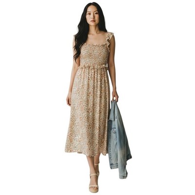 Hippie Rose Dress Womens Large NWT Cream Floral Smocked Bodice Ruffle Boho Midi