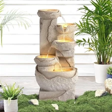 Outdoor 5-Tiers Cascading Rock Water Fountain, Waterfall Fountain with 5 LED