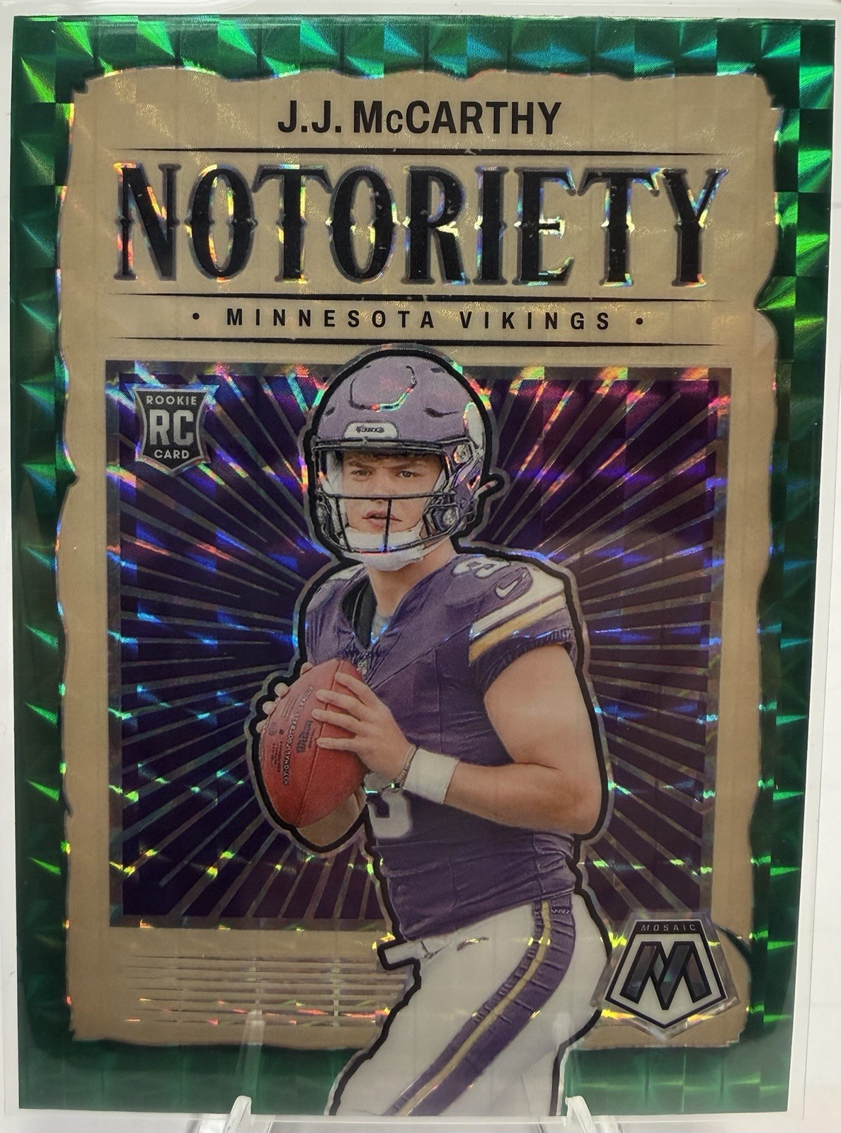 2024 Panini Mosaic - Notoriety J.J. McCarthy #21 Green Mosaic Prizm (RC)