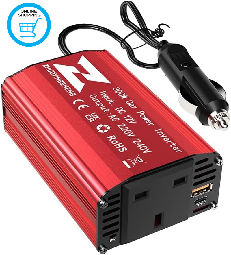 300W Car Power Inverter 12V DC to 240V AC Voltage Converter, with 2 USB Ports an