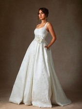 Azazie Ruby Diamond White Ball Gown with Pockets Floral Jacquard Dress
