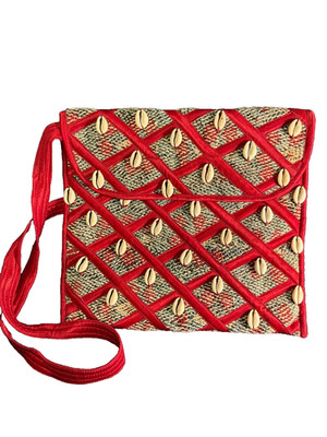 REDUCED HALF PRICE Handbag by Anu Arts Bhuj Kutch, red with shells on the front