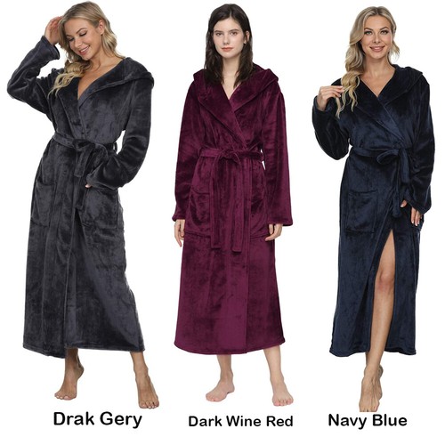 Ladies Mnemo Womens Dressing Gown Hooded Soft Flannel Fleece Robe Knee