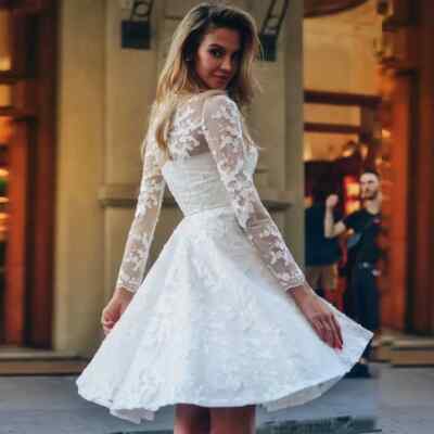Elegant Classic Lace Wedding Dresses Knee-Length A-Line Long Sleeve Bridal Gown | eBay Elegant Classic Lace Wedding Dresses Knee-Length A-Line Long Sleeve Bridal Gown | eBay