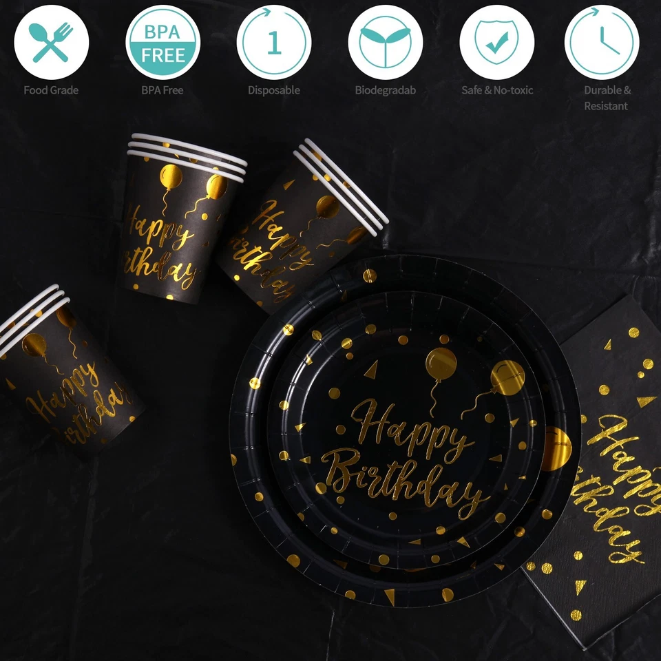 Juego de fiesta desechable negro y dorado 201 piezas - platos, tazas, servilletas, cubiertos Foto 4 de 4