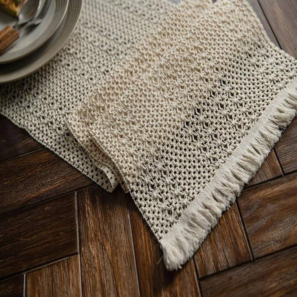 Bohemian Crochet Hollow Macrame Table Runner Home Dining Decor Table Cover Retro - Image 3 of 4