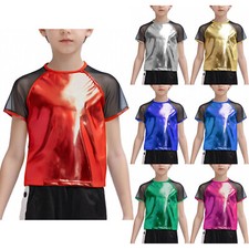 Kids Boys Girls Shiny Metallic T-shirts Hip Hop Jazz Dance Top Stage Performance