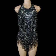 Women Rhinestones Tassel Bodysuit Performance Costume Dancer Singer Stage Wear