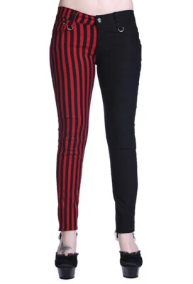 Half Red Stripes Black Split Legs Skinny Stretch Rock Trousers BANNED Apparel