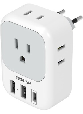 European Travel Plug Adapter International Plug 4 AC Outlets, 3 USB Ports, USBC