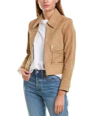 Sandro Suede Leather Tan Patriote Paris Studded Pockets Jacket