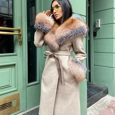 Fashion Women Real Fox Fur Hood Collar Wool Cashmere Overcoat Nature Fur Coats
