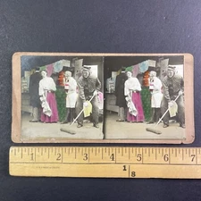 Janitor Sweeps a Market Stall Booth Stereoview Antique c1890 Y4957