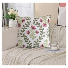 Floral Embroidered Pink Flowers Decorative Throw Pillow Cover 18"x18" Farmhou...