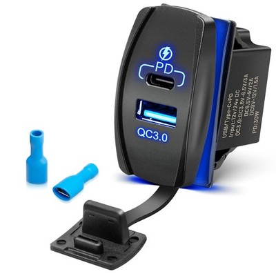 USB Rocker Switch 18W QC3.0 USB 30W PD Outlet Waterproof 12V 24V Dual Ports C...