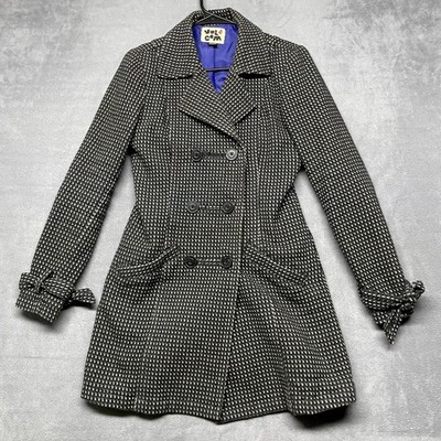 Volcom Y2k Pea Coat Women Small Black Printed Cotton Notch Lapel Double Breasted