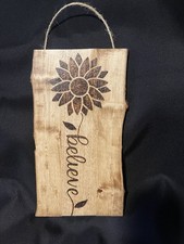 Wooden Sunflower 'Believe' Engraved Hanging Sign Rustic Floral Home Decor