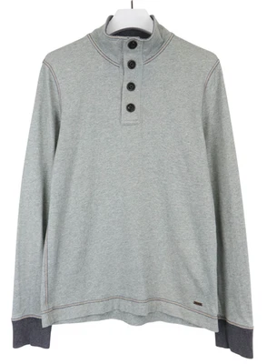 SWEATSHIRT HUGO BOSS Pour Hommes LARGE Gris Col Montant 1/4 Bouton Logo Pull - Photo 1/4