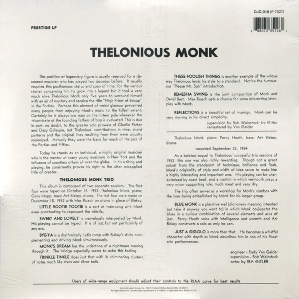 Thelonious Monk Trio-2007 Reissue Vinyl LP Compilation, New FACTORY SEALED - Image 2 of 2
