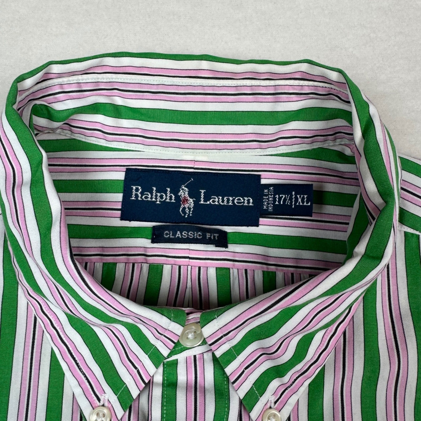 Camicia Ralph Lauren vestibilità classica XL 17 5 rosa verde righe logo pony SS