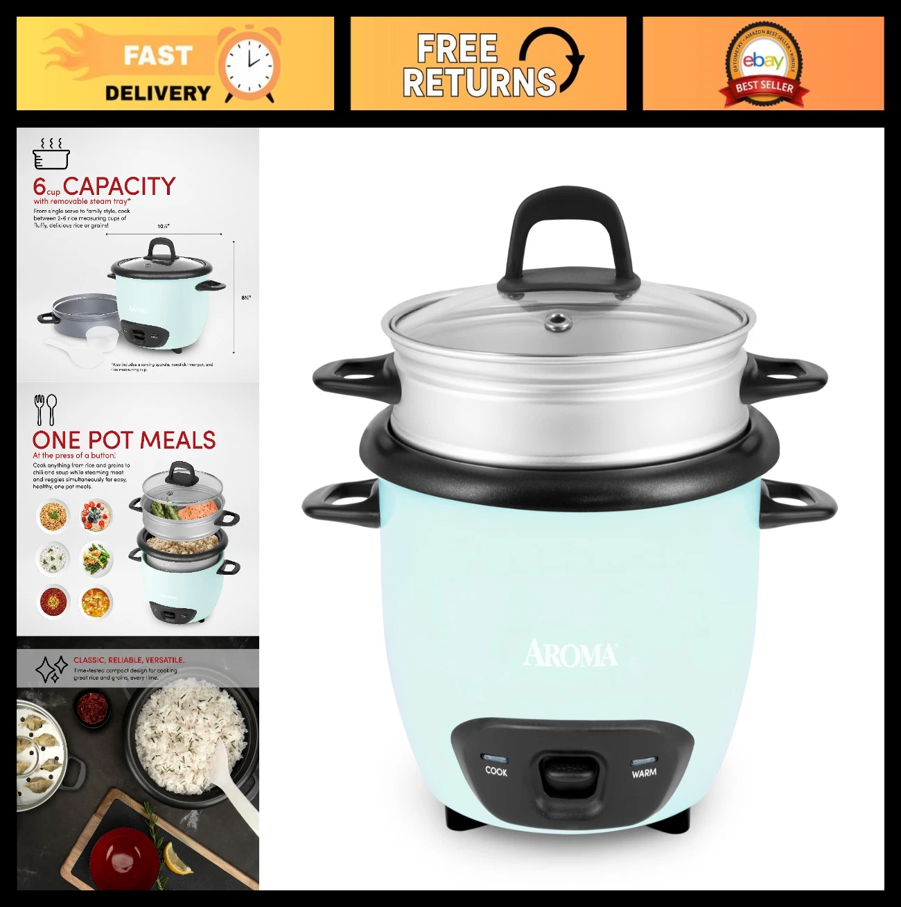 6-Cup Rice & Grain Cooker, 1.5Qt Electric Steamer, Light Blue, Easy to Use