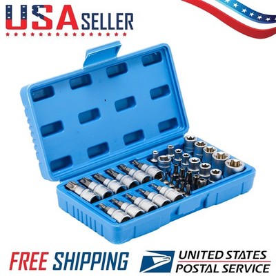 3/8 Drive Torx Bit And Socket Set 34Pcs E-External Internal Star For Automotive