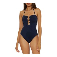 Trina Turk Monaco Strapless One Piece Swimsuit SZ 8 Navy Blue Gold Rings Beach