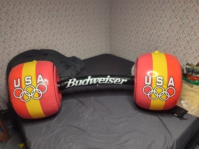 Vintage Budweiser 1996 USA Olympics Inflatable Barbell 57'' Hanging Bar Sign