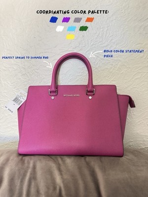 Michael Kors Medium Pink Satchel Top Handle Zip, Detachable Strap, Logo, Pockets