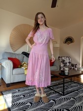 1920s Pink Linen Dress with Hand Smocking, Embroidery, and Cut Work