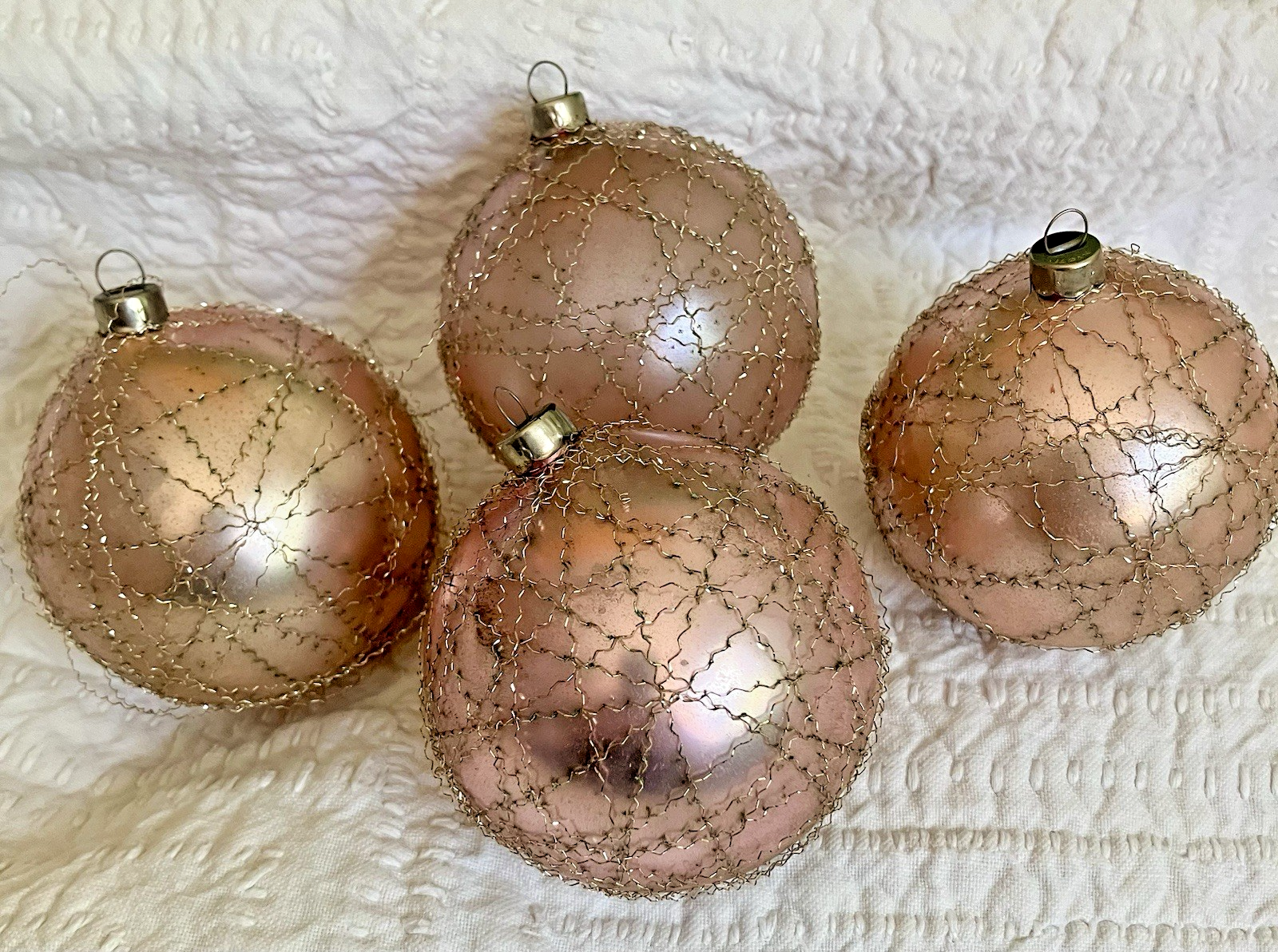 Vintage Crimped Wired Wrapped Christmas Ball Ornaments Japan Blush Pink Lot of 4
