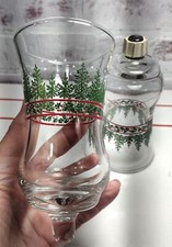 2 Holiday Christmas Glass VOTIVE CUP Candle Holder Green Tree Red Holly