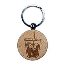 Iced Coffee Drink Engraved Wood Round Keychain Tag Charm