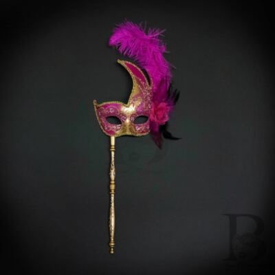 Holding Stick Party Mask | Feather Masquerade Mask Gold Hot Pink M6131