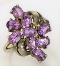 VINTAGE BEAUTIFUL STERLING SILVER RING PURPLE CLUSTER COCKTAIL FLASHY SIZE 6 