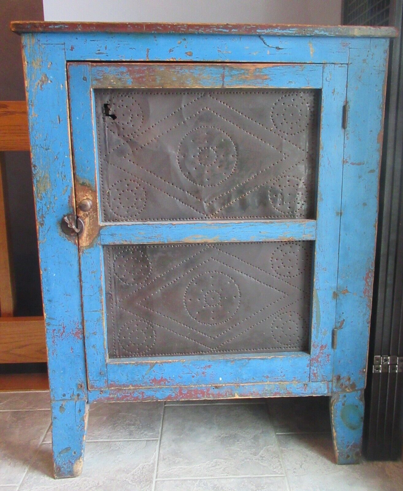 Antique -6 Tin Pie Safe-Old Blue Paint-AAFA-NO SHIPPING-IOWA PICKUP ONLY