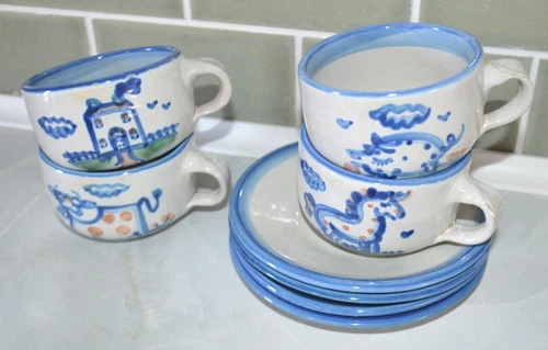 Vintage M. A. Hadley Signed Pottery Cow Pig Horse House cup saucer set of 4